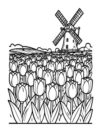 Tulip and Windmill - Free printable coloring page