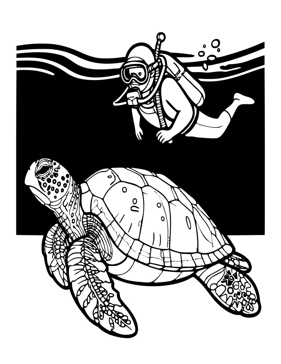 Sea Turtle and Diver - free printable coloring page