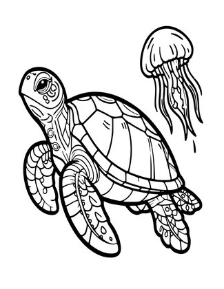 Turtle and Jellyfish - Free printable coloring page