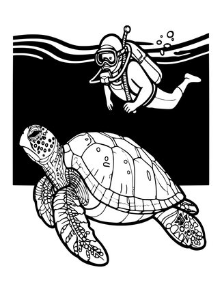 Sea Turtle and Diver - Free printable coloring page