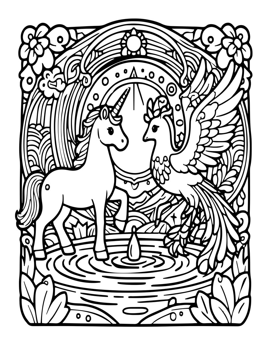 Unicorn and Phoenix - free printable coloring page