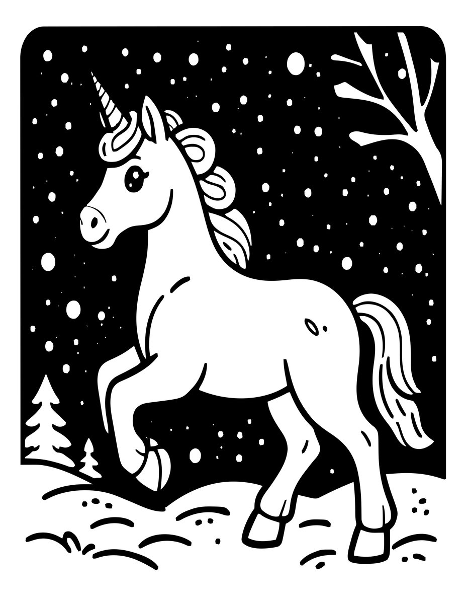 Unicorn in Snow - free printable coloring page