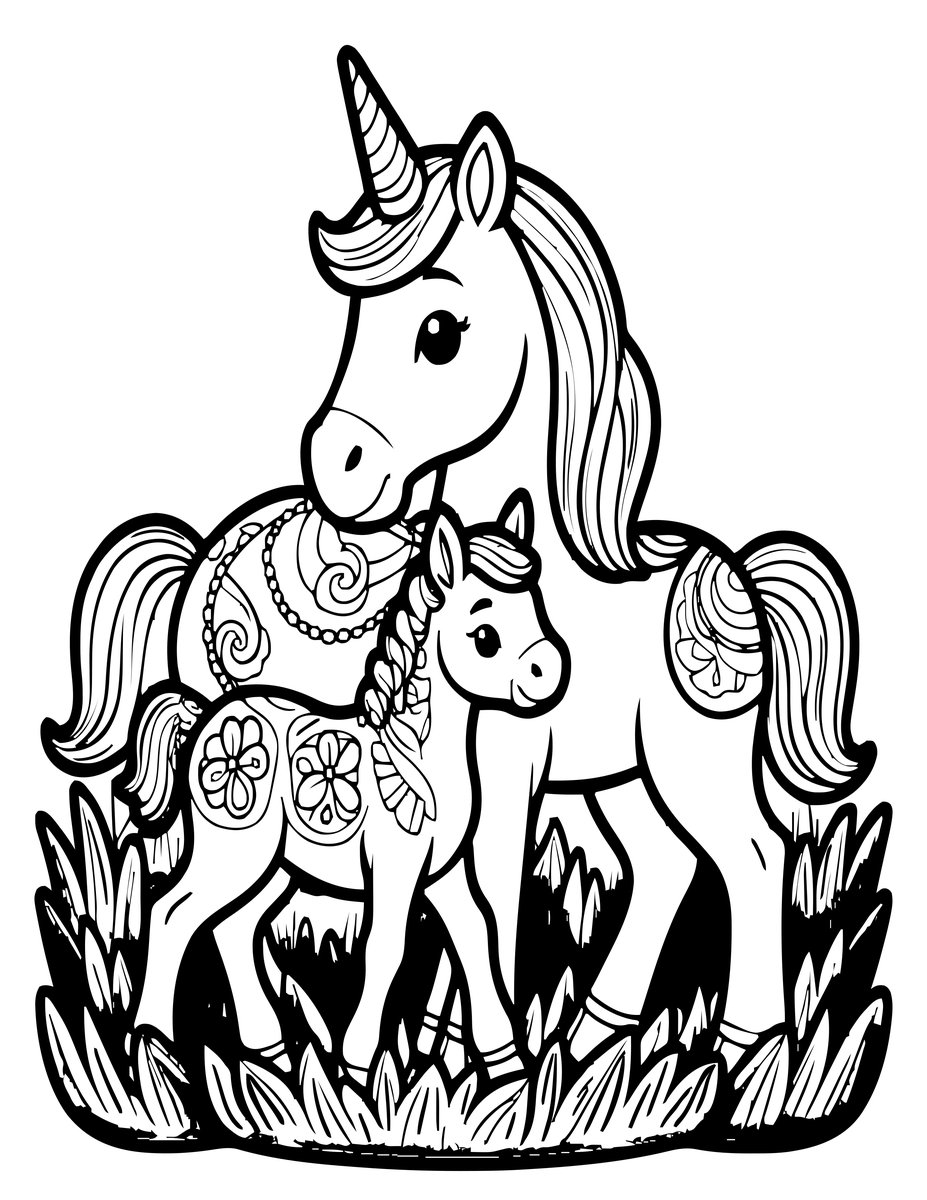 Unicorn Foal and Mother - free printable coloring page