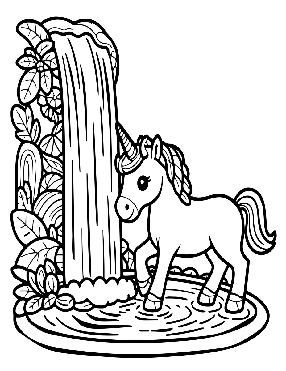 Unicorn at Waterfall - free printable coloring page