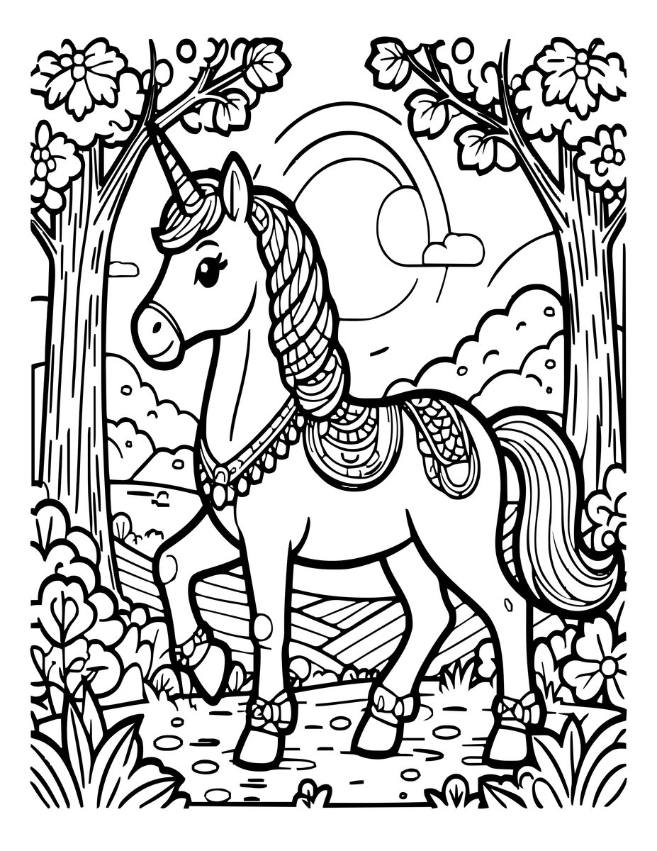 Unicorn in Autumn - free printable coloring page