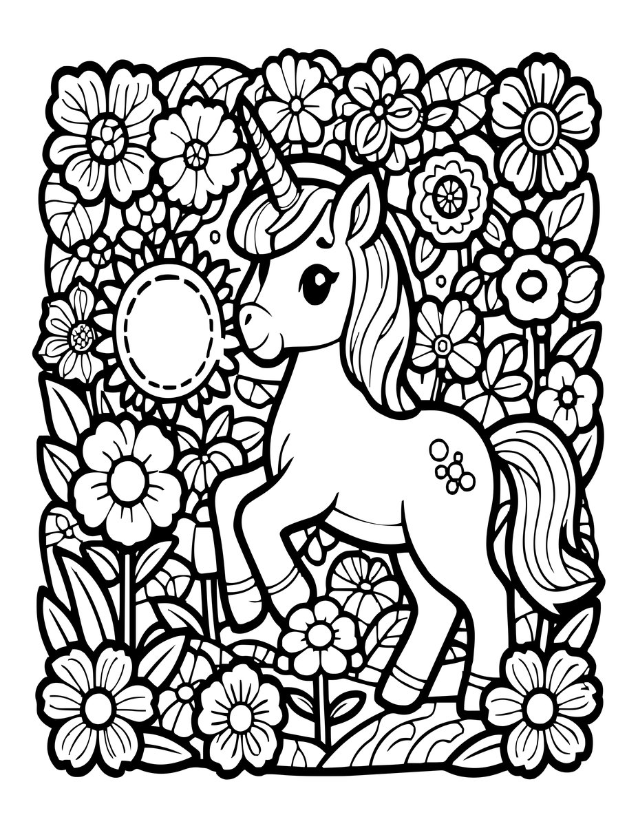 Unicorn Garden - free printable coloring page