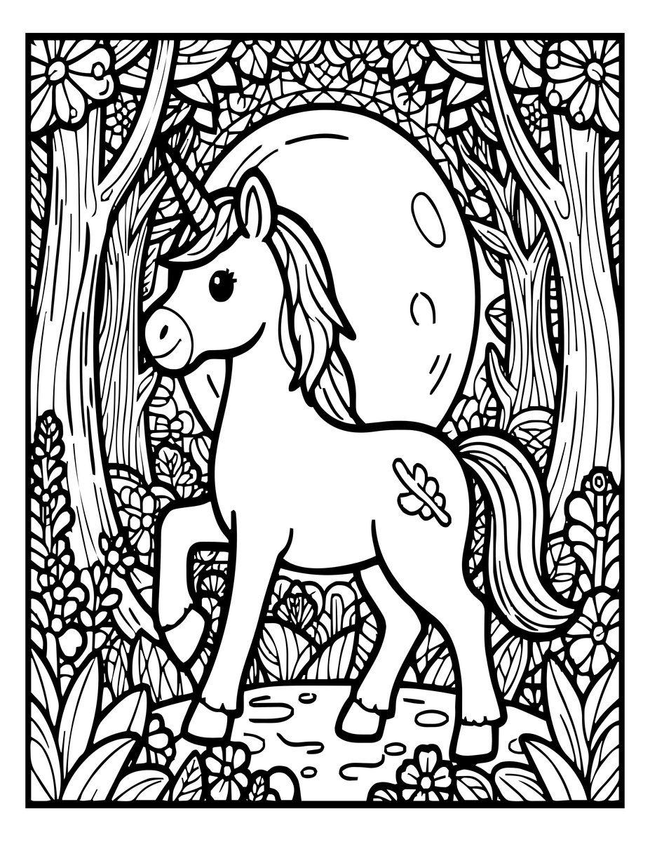 Unicorn in Forest - free printable coloring page