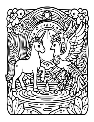 Unicorn and Phoenix - Free printable coloring page