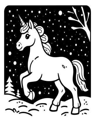 Unicorn in Snow - Free printable coloring page