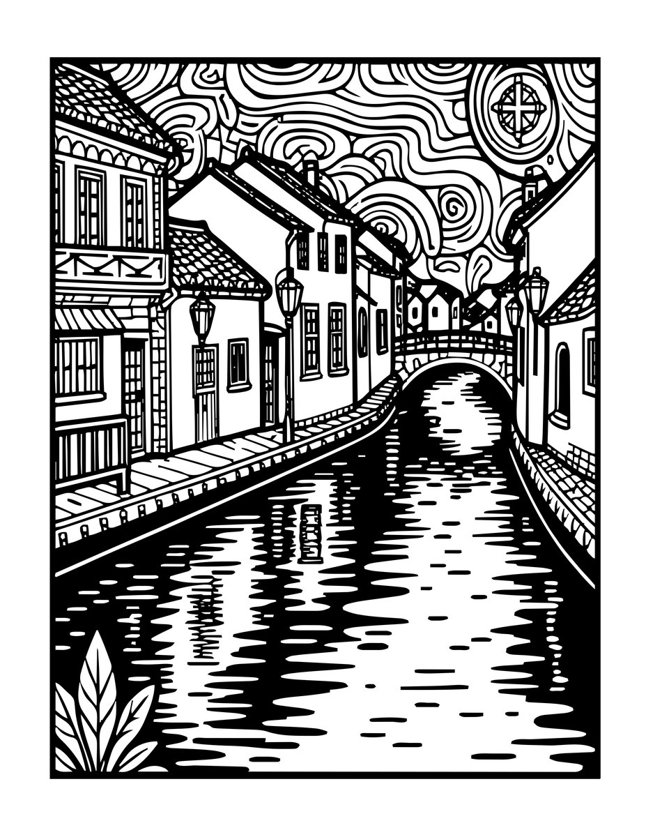 Canal at Night - free printable coloring page