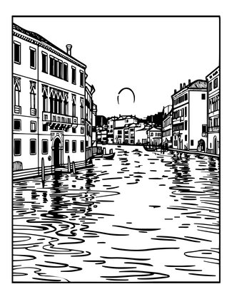Canal Sunset - Free printable coloring page