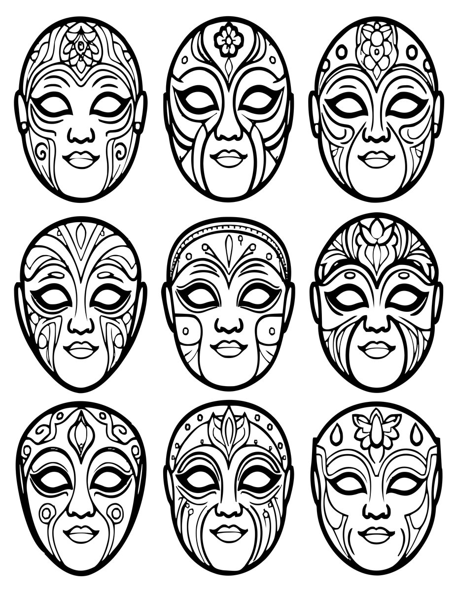 Vintage Mask Display - free printable coloring page