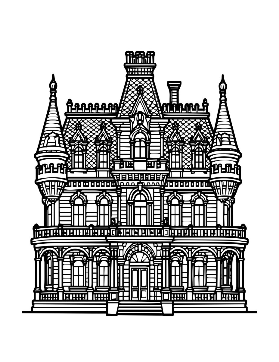 Turreted Mansion - free printable coloring page