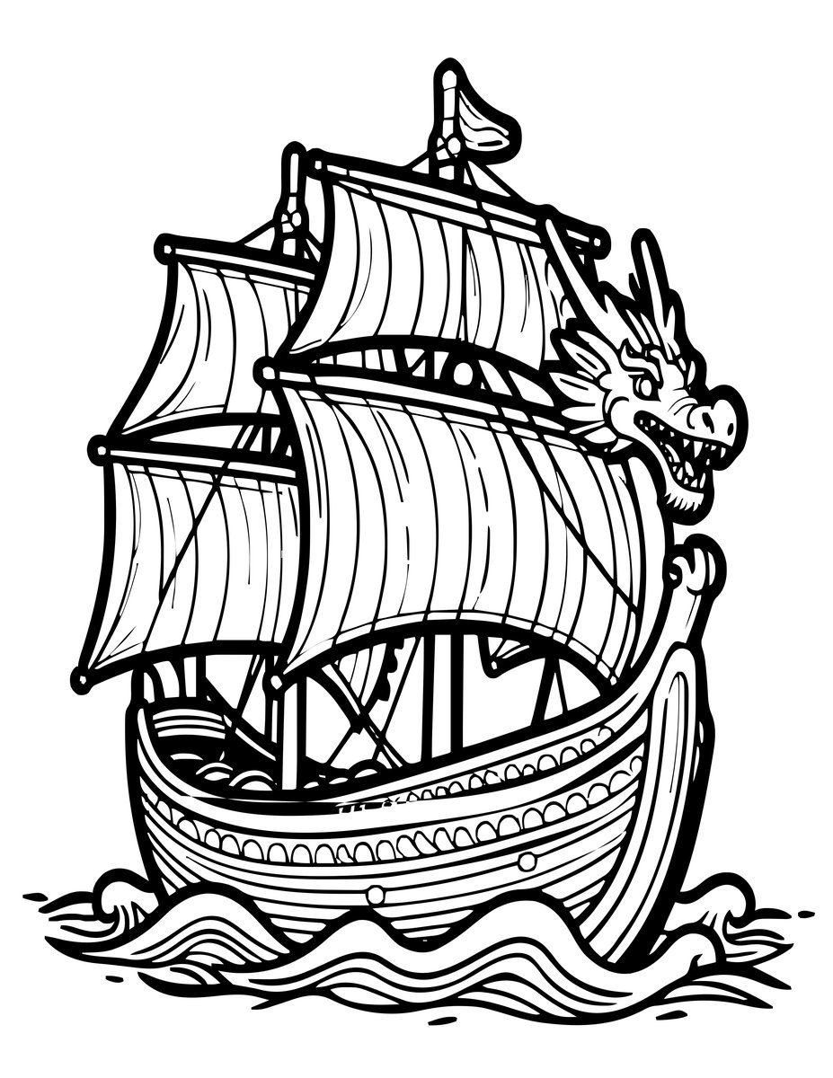 Longship at Sea - free printable coloring page