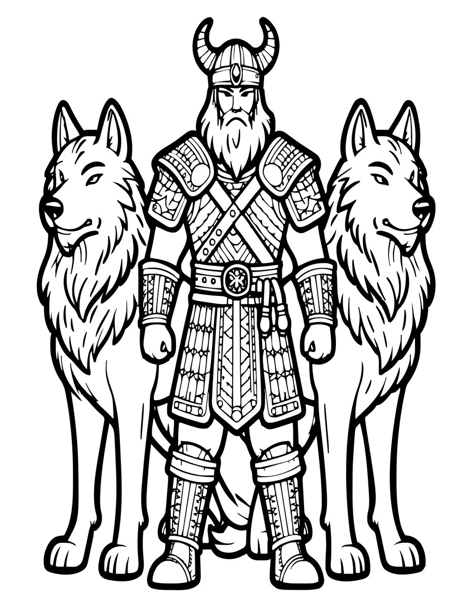 Viking and Wolves - free printable coloring page