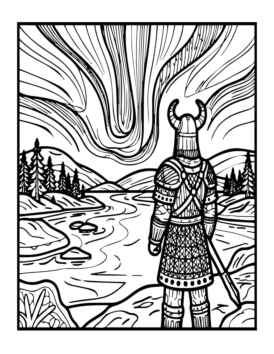 Viking and Northern Lights - free printable coloring page