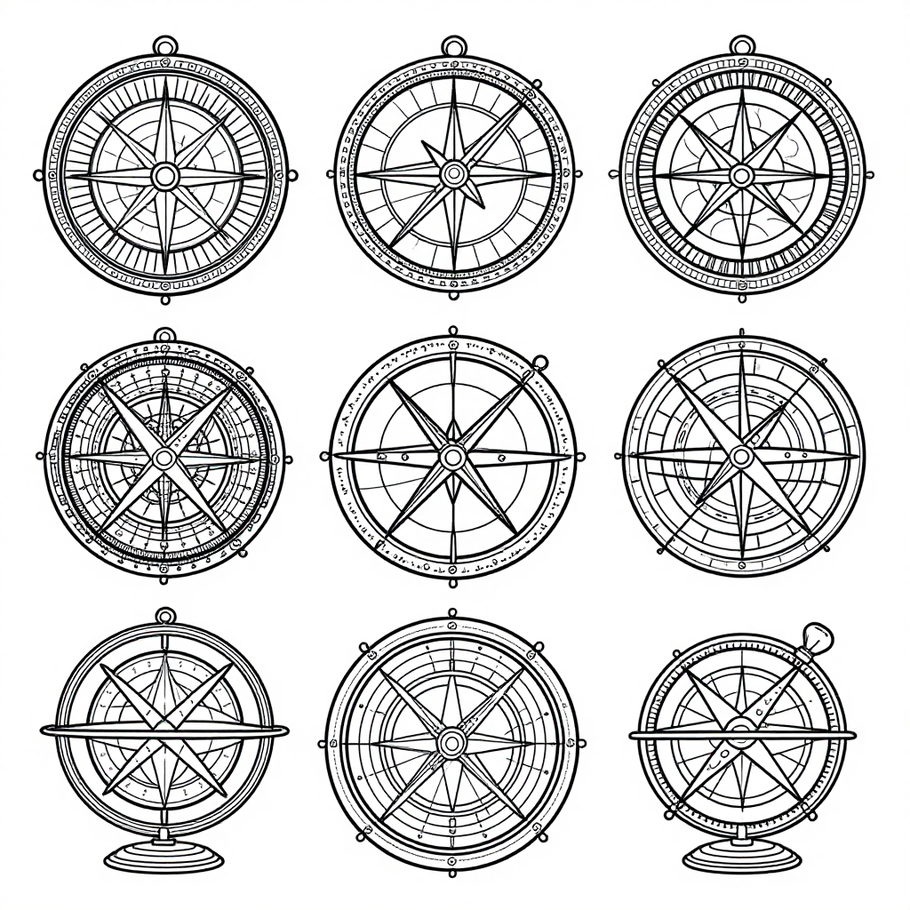 Vintage Astrolabes coloring pages collection - 30 free printable pages