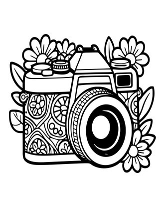 Camera and Flowers - Free printable coloring page