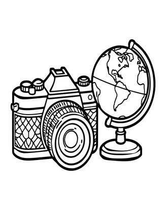 Camera and Globe - Free printable coloring page