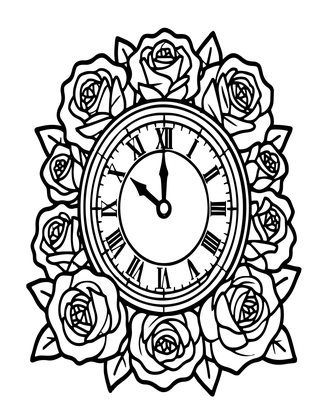 Clock and Roses - Free printable coloring page