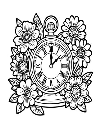 Clock and Flowers - Free printable coloring page