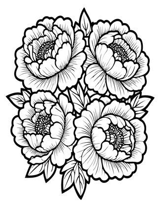 Antique Peony Cluster - Free printable coloring page