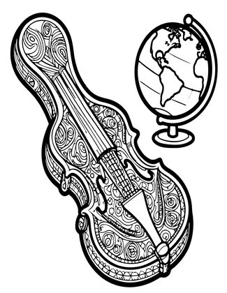 Globe and Violin - Free printable coloring page