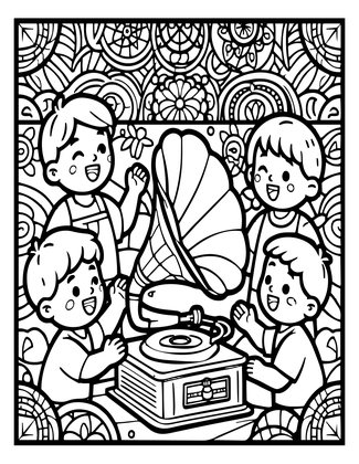 Children and Gramophone - Free printable coloring page