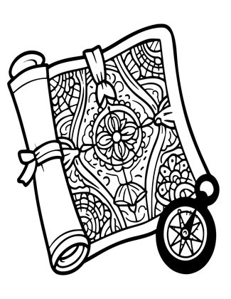 Rolled Map and Compass - Free printable coloring page