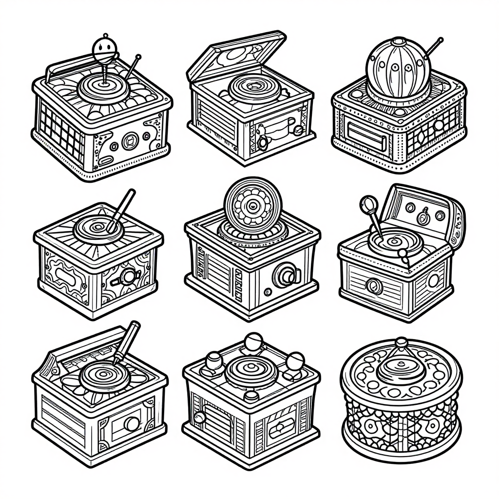 Vintage Music Boxes coloring pages collection - 30 free printable pages