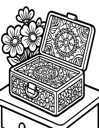 Music Box and Flowers - Free printable coloring page