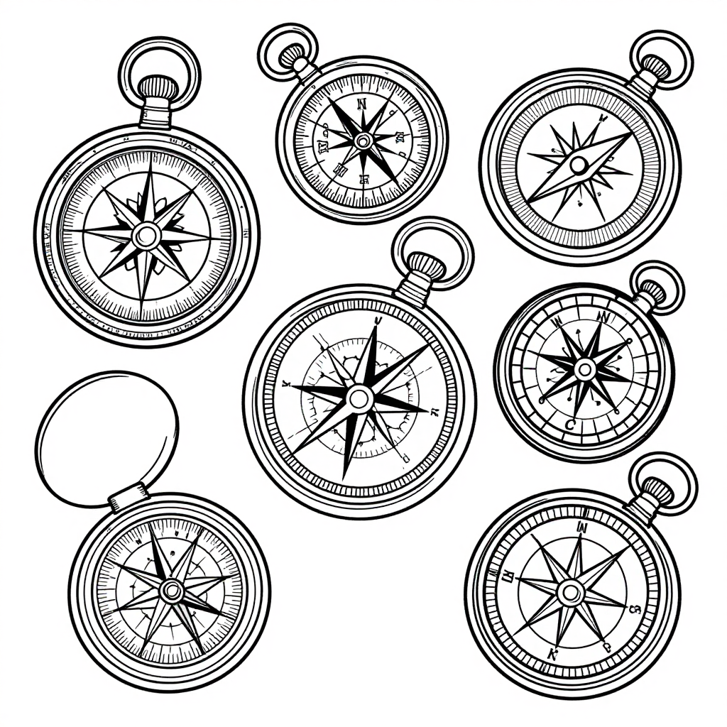 Vintage Pocket Compasses coloring pages collection - 30 free printable pages