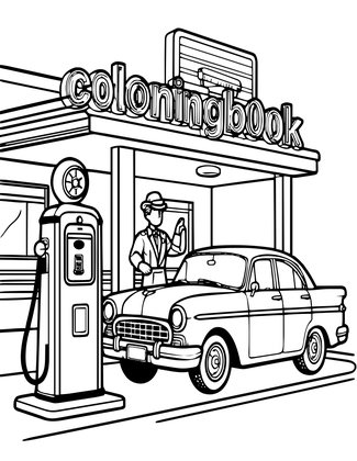 Vintage Gas Station - Free printable coloring page