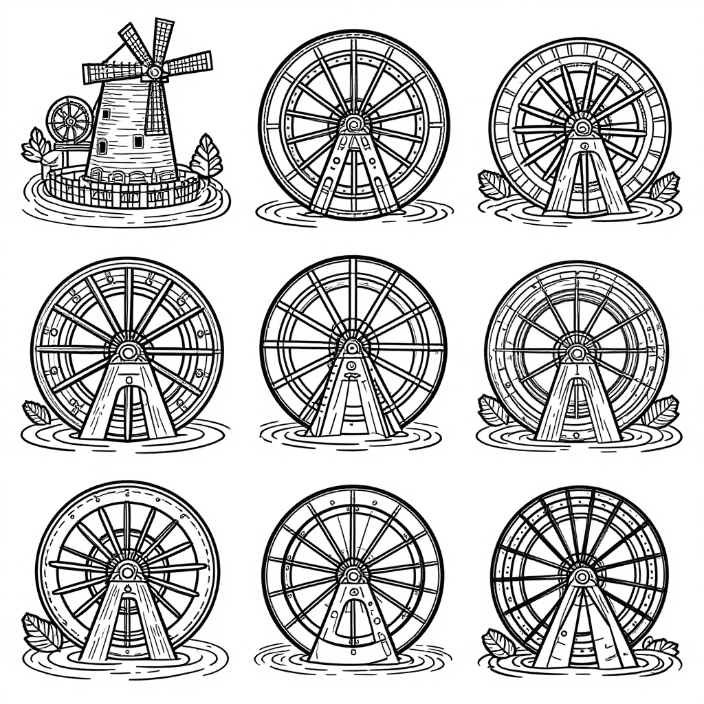 Water Wheels Mills coloring pages collection - 30 free printable pages