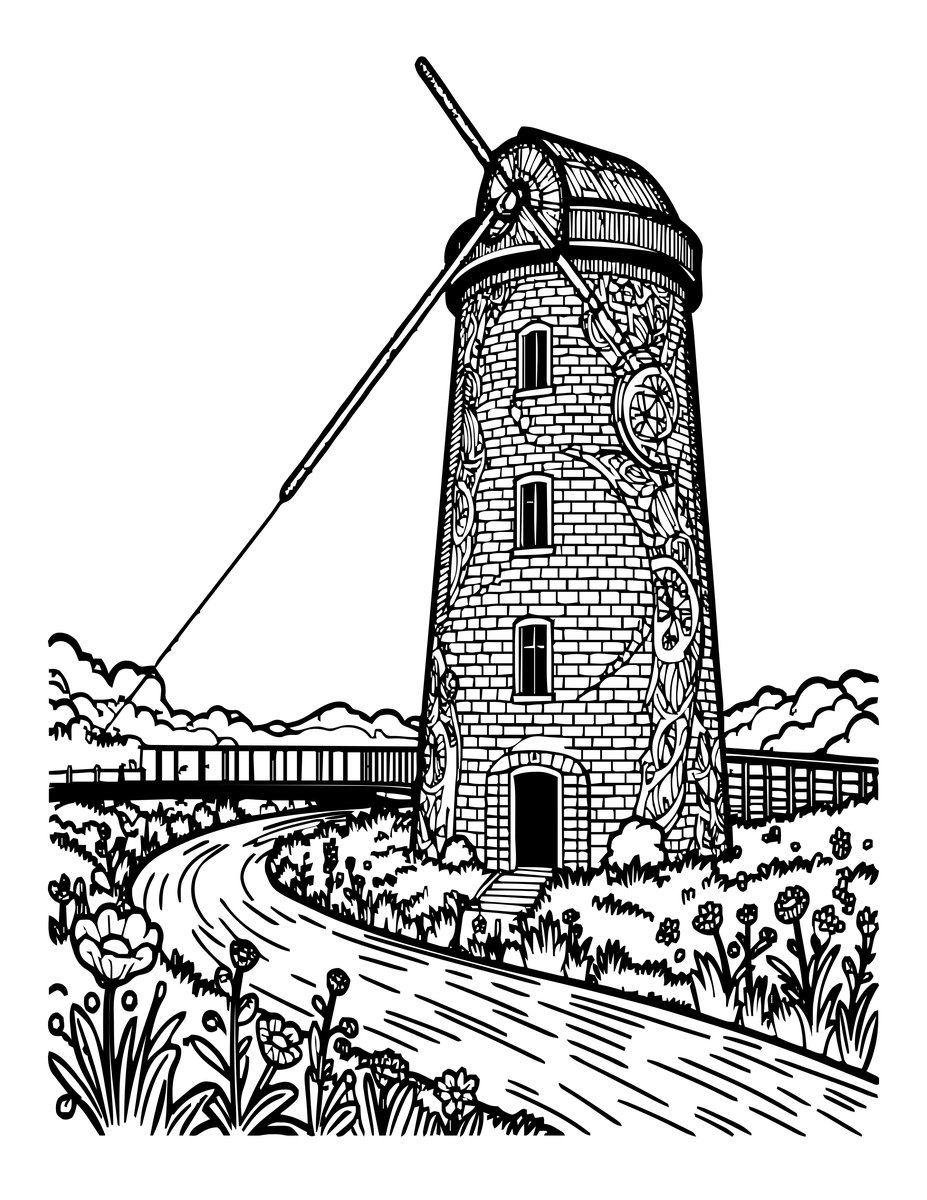 Mill and Wildflowers - free printable coloring page