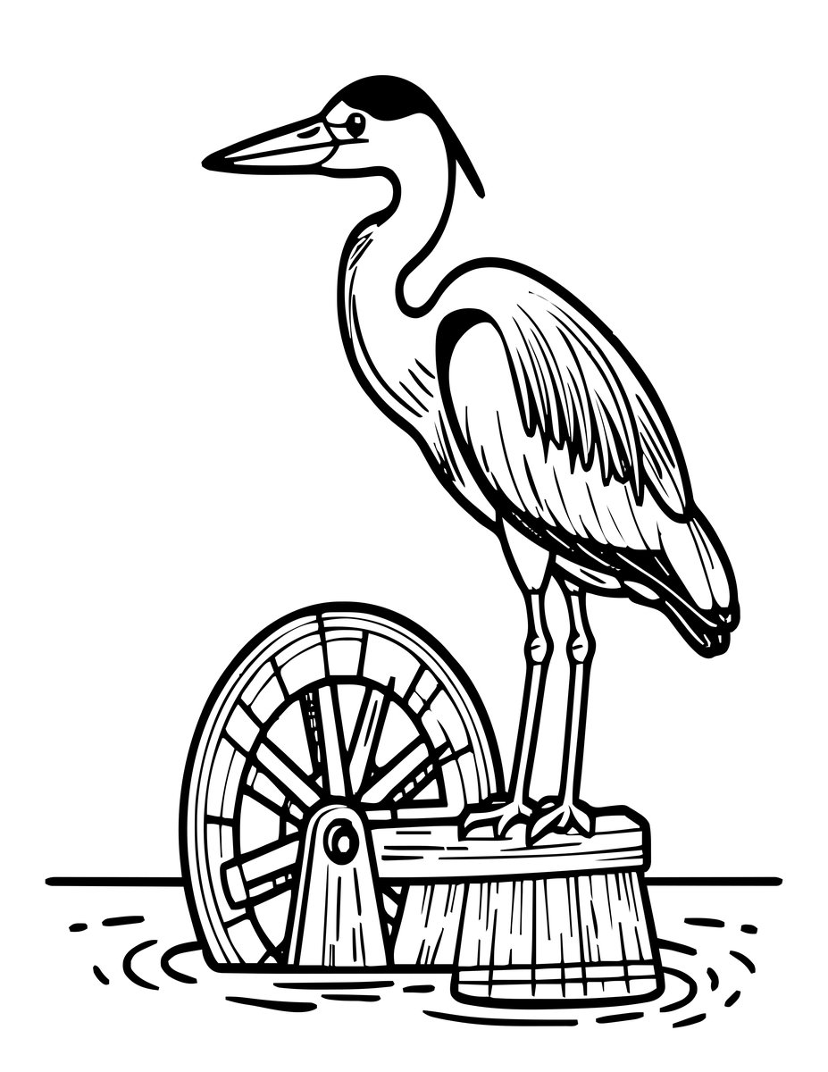 Water Wheel and Heron - free printable coloring page