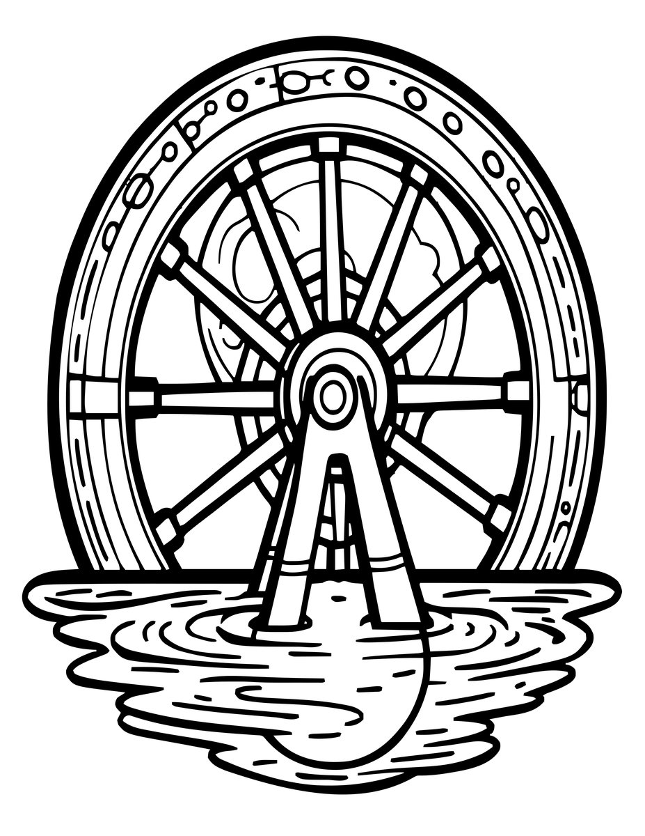 Water Wheel and Moon - free printable coloring page