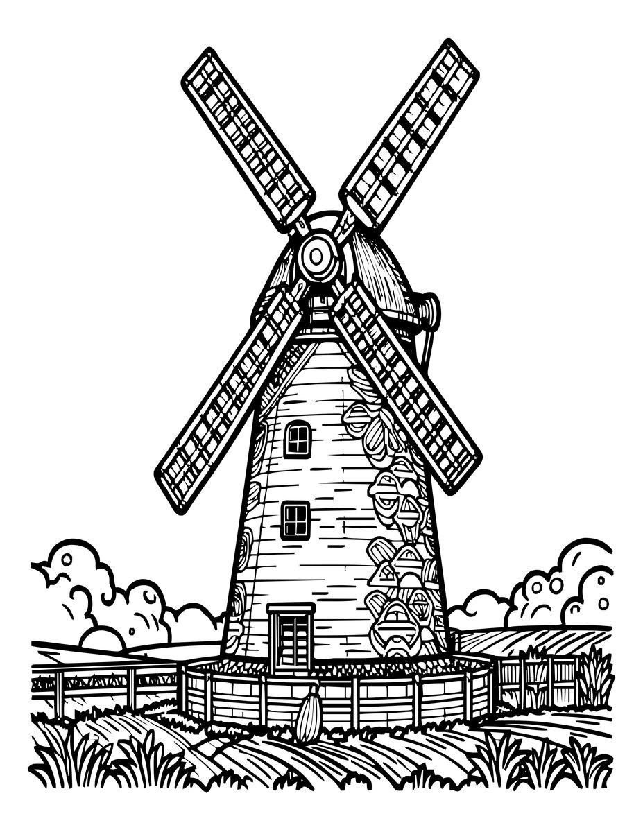 Mill at Harvest - free printable coloring page