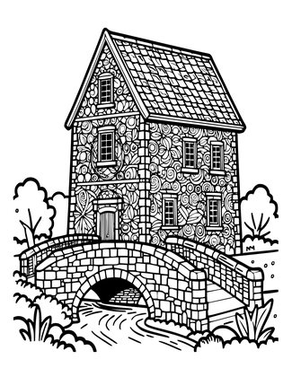 Mill and Bridge - Free printable coloring page