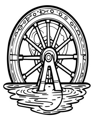 Water Wheel and Moon - Free printable coloring page
