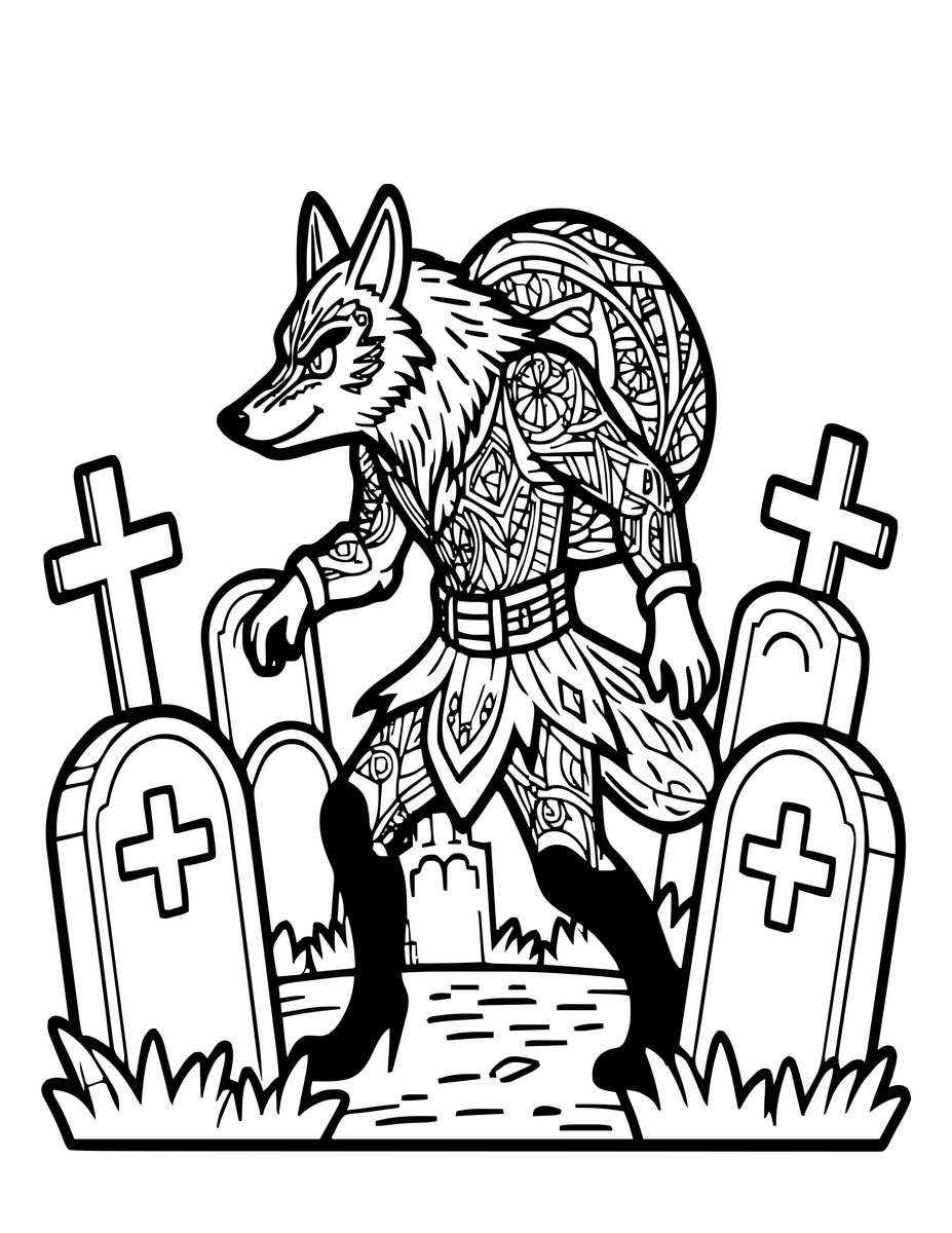 Werewolf at Graveyard - free printable coloring page