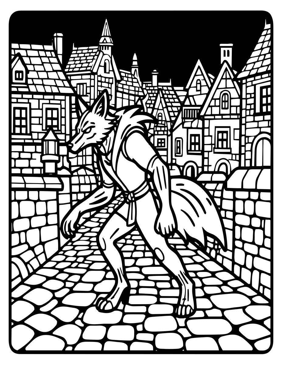 Werewolf in Village - free printable coloring page