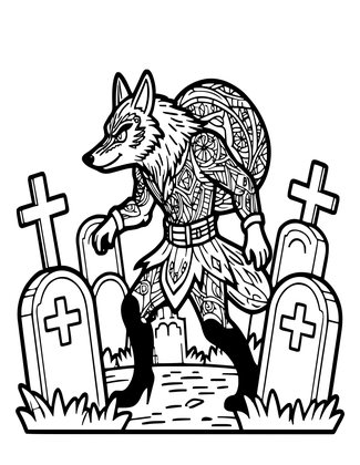 Werewolf at Graveyard - Free printable coloring page