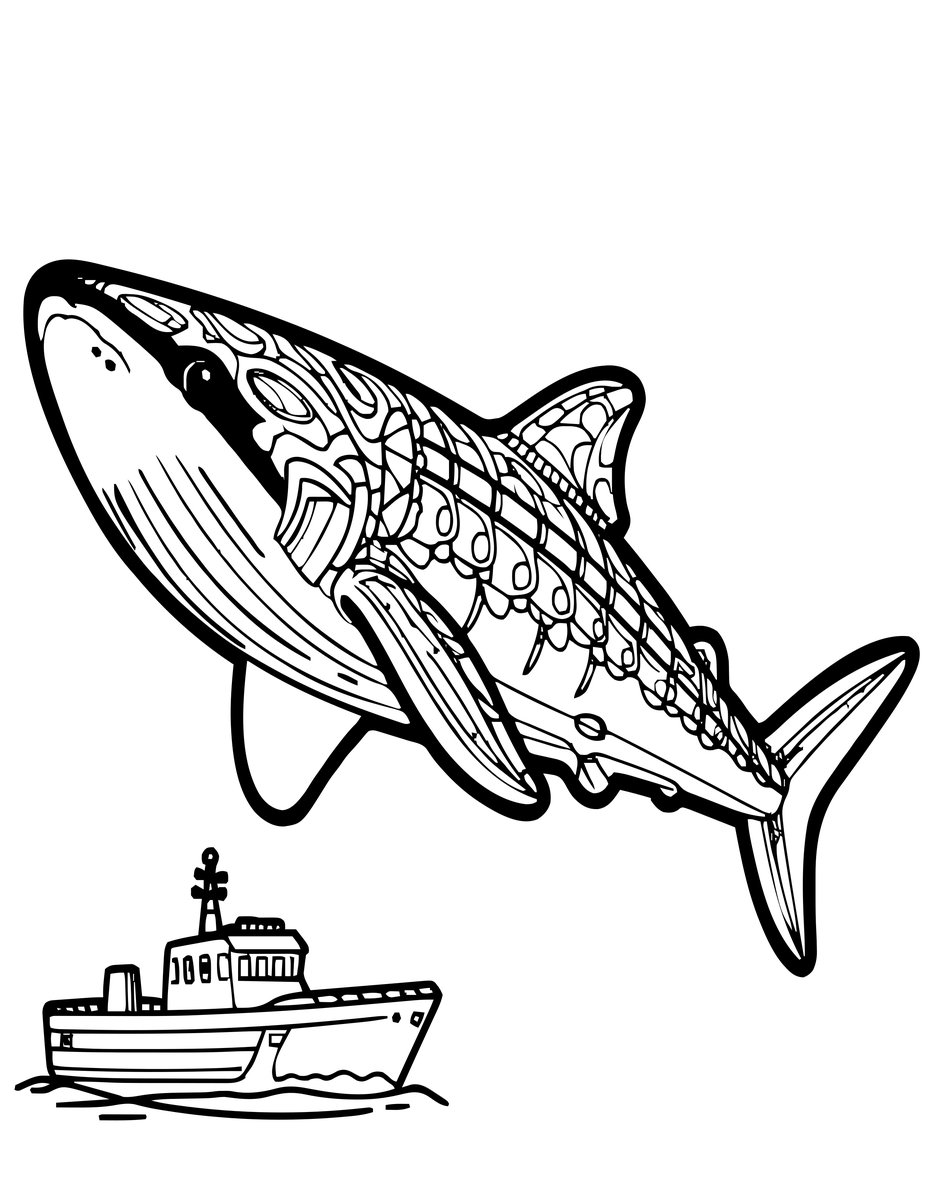 Whale Shark and Boat - free printable coloring page