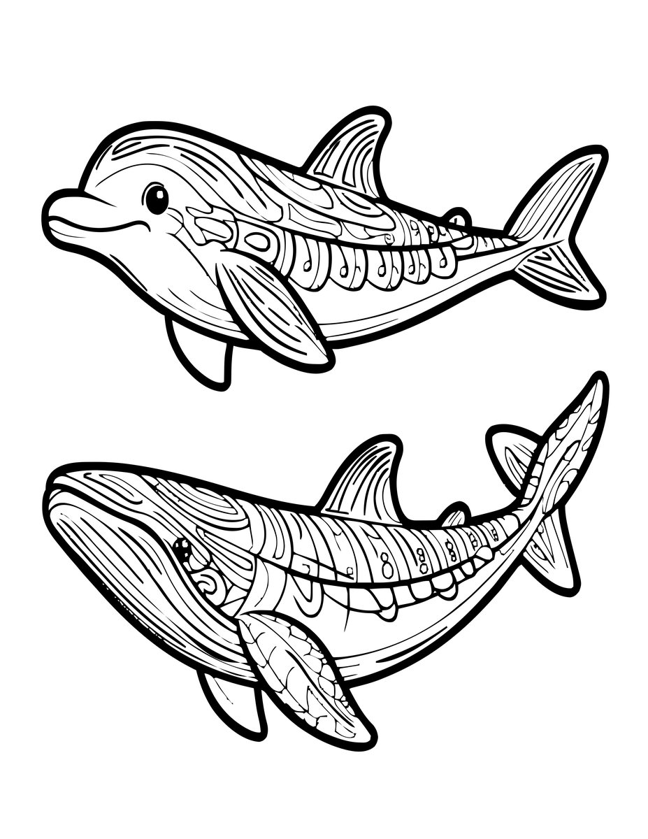 Whale Shark and Dolphins - free printable coloring page