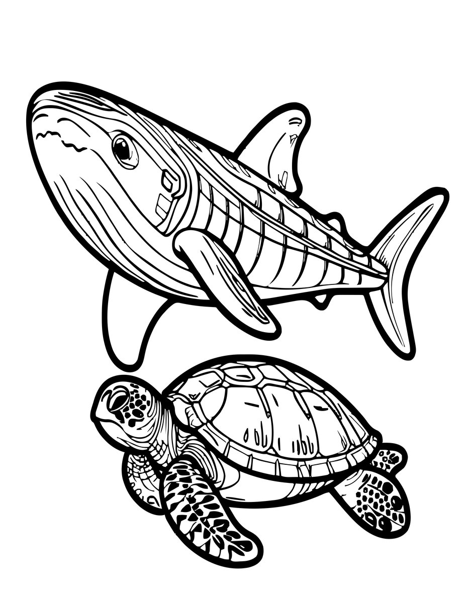 Whale Shark and Turtle - free printable coloring page