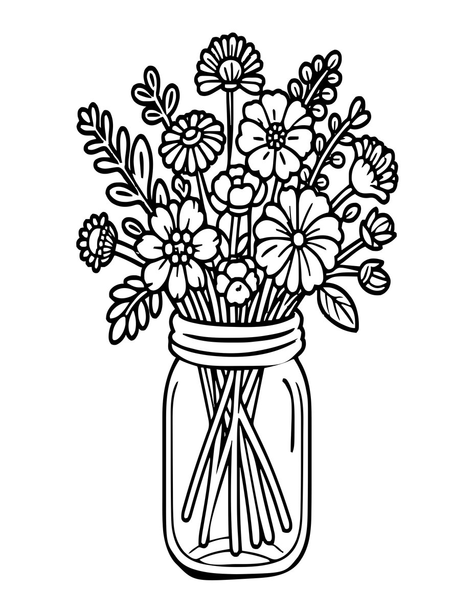 Mason Jar Bouquet - free printable coloring page