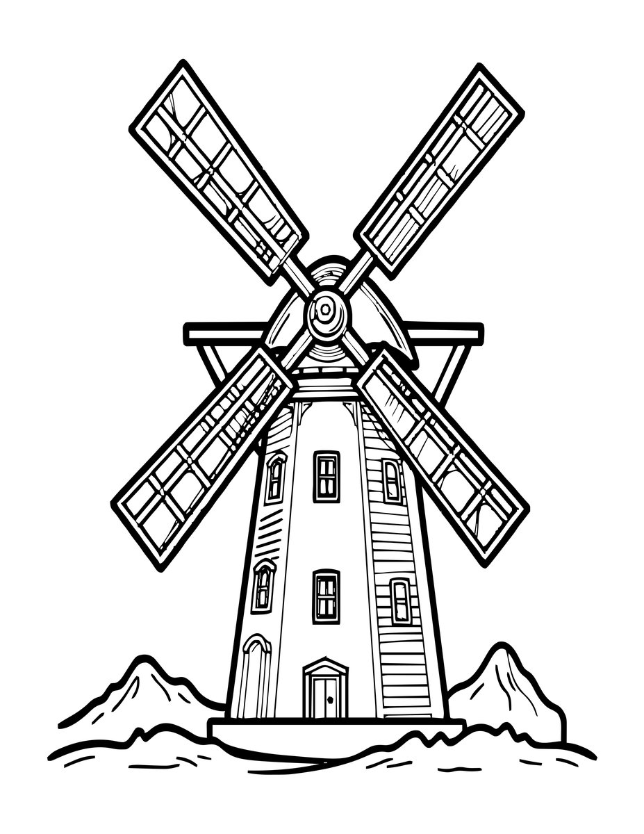 Windmill in Snow - free printable coloring page