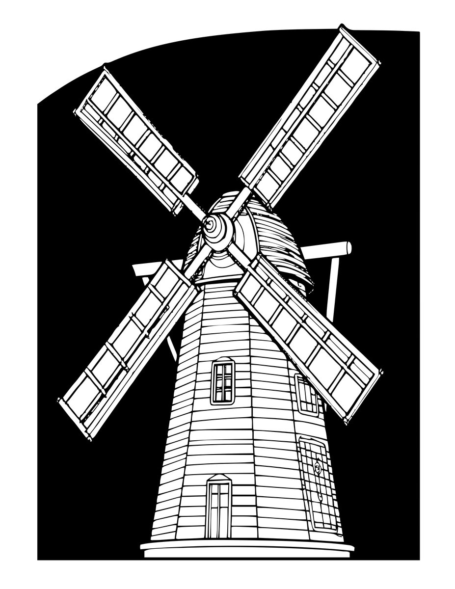 Windmill at Dusk - free printable coloring page