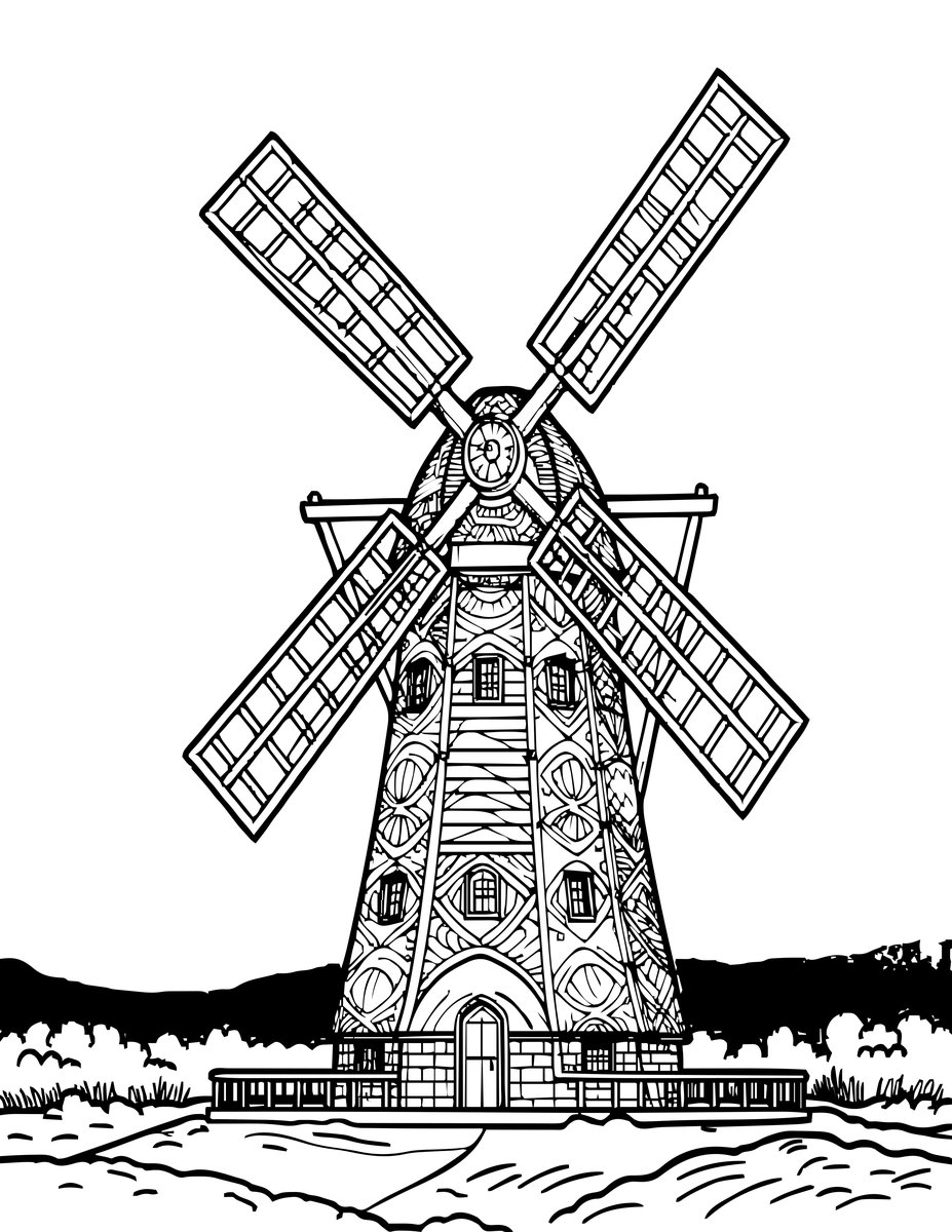 Windmill in Fog - free printable coloring page